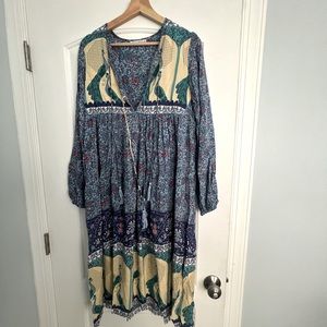 R Vivimos Long Sleeve Floral Peacock Dress Women Size L Bohemian